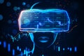 Abstract hologram of digital head with VR glasses and glowing forex chart on dark background. Economy, metaverse and stock concept