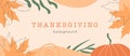 Abstract horizontal Thanksgiving banner template. Trendy minimal background with autumnal leaves, pumpkin and geometric