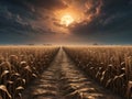 abstract horror glowing cornfield with path in front of dramatic sunny sky Royalty Free Stock Photo