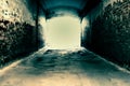 Abstract horror scary background, mysterious strange light at the end of a dark corridor tunnel with mystical shadows on Royalty Free Stock Photo