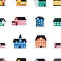 Abstract houses pattern. Seamless print of cute hand drawn buildings with tiny doors windows and wall bricks. Flat town