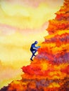Abstract human climbing high mountain to success watercolor painting illustration design