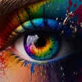 An abstract human eye with a rainbow iris in a mix of rainbow colors. Created with Generative AI Royalty Free Stock Photo