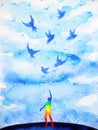 Abstract human flying birds spiritual mind in blue cloud sky