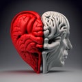 Abstract human head, grey brain and red heart concept. Mental health, intellectual and emotional intelligence. Generative Ai