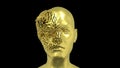 Abstract Human Head scattering into pieces, Golden face or sculpture with realistic environmental light reflections, 4K High