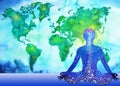 Abstract human meditator chakra universe power world map background Royalty Free Stock Photo