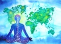 Abstract human meditator chakra universe power world map background Royalty Free Stock Photo