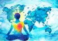 Abstract human meditator chakra universe power world map background