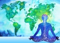 Abstract human meditator chakra universe power world map background Royalty Free Stock Photo