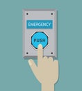 Abstract human right hand index finger pressing blue emergency push button on the teal wall top view