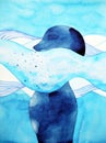 Abstract human sink in the air breathe head watercolor painting