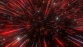 Abstract hyperspace background. Speed of light, neon glowing rays and stars in motion. Red version. Moving through stars. 4k