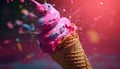 Abstract ice cream cone explodes with colorful frozen sweetness generated by AI