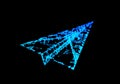 Abstract icon of paper airplane with network connection lines isolated on black background in technology or travel concept. Mock