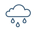 Abstract icon of wet and rainy weather with drops falling from cloud. Simple raincloud logo with three raindrops in line