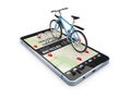 Abstract idea of rent a bicycle. Bicycle on the phone, 3d Illustration