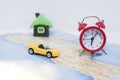 Abstract idea of rent a car. Small car on map. Royalty Free Stock Photo