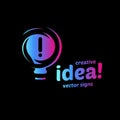 Abstract idea symbol, lightbulb eureka sign gradient color vector isolated logo on black background.