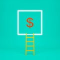 Abstract Idea yellow stair to squar light red dollars curency in green background. Minimal concept.Idea.Flat lay. 3d rendering