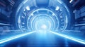 Abstract illuminated empty technical tunnel in a spaceship, wide angle, metallic blue color