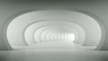 Abstract illuminated empty white bent corridor with round arches