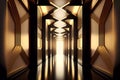 Abstract illuminated light wooden golden palace empty corridor interior made of shining metal, 3d Rendering