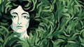 Abstract Illusionism: Woman In Green Leaves With Black Hair