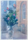 Abstract illustrated photo of a vase and red roses