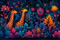 Abstract illustration of animals coming together in colorful forest