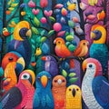 Abstract illustration of animals coming together in colorful forest