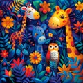 Abstract illustration of animals coming together in colorful forest