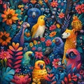 Abstract illustration of animals coming together in colorful forest