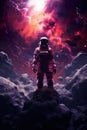 abstract illustration of astronaut floating in outer space, dreamlike cosmonaut in space suit flying on purple clouds of