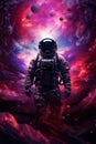abstract illustration of astronaut floating in outer space, dreamlike cosmonaut in space suit flying on purple clouds of