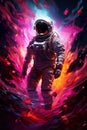 abstract illustration of astronaut floating in outer space, dreamlike cosmonaut in space suit flying on purple clouds of