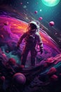 abstract illustration of astronaut floating in outer space, dreamlike cosmonaut in space suit flying on purple clouds of