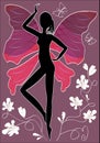 Abstract illustration - black woman sillhouete with butterfly wings and white flowers on deep purple background Royalty Free Stock Photo