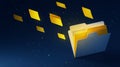 Open white folder with yellow papers flying on a dark blue background Royalty Free Stock Photo