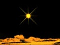 Abstract illustration of a bright yellow star on black sky background above sea waves and clouds sepia colour.