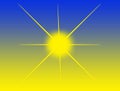 Abstract illustration of a bright yellow sun or star on blurred merged yellow blue background. Energy light. Royalty Free Stock Photo