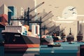 Abstract illustration of a busy seaport with cargo ships, cranes, and cargo containers against a city skyline