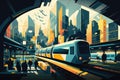 Abstract illustration of a busy subway station with trains arriving and departing against a city skyline