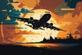 Abstract illustration of a cargo airplane in flight against a sunset sky Royalty Free Stock Photo