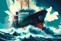 Abstract illustration of a cargo ship sailing through rough sea waters during a storm