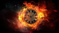 Abstract illustration of clock in flames on a dark background. Concept of elusive time, transience, fleetingness of life, the