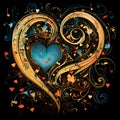 Abstract illustration of colorful hearts, stripes, ornaments black background. Heart as a symbol of affn and love Royalty Free Stock Photo