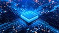 Abstract illustration of a computer processor with glowing circuits and data flow. Royalty Free Stock Photo