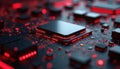Abstract illustration of a computer processor with glowing red circuits. Dark background with electronic components. Represents Royalty Free Stock Photo