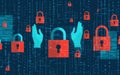 Abstract illustration of cybersecurity with red padlocks and blue digital hands on dark background with binary code, representing Royalty Free Stock Photo